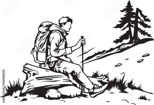 Black and White Mountain Climber Vector Set for Outdoor Design