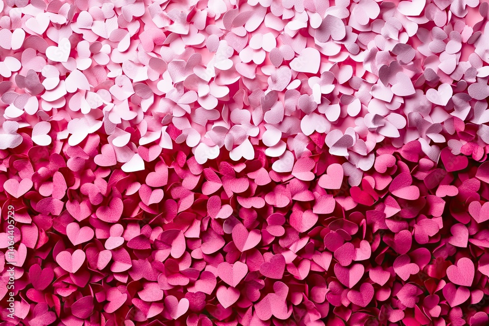 Fototapeta premium A vibrant assortment of heart-shaped cutouts in various shades of red and pink scattered across a white background. perfect for romantic occasions or craft projects