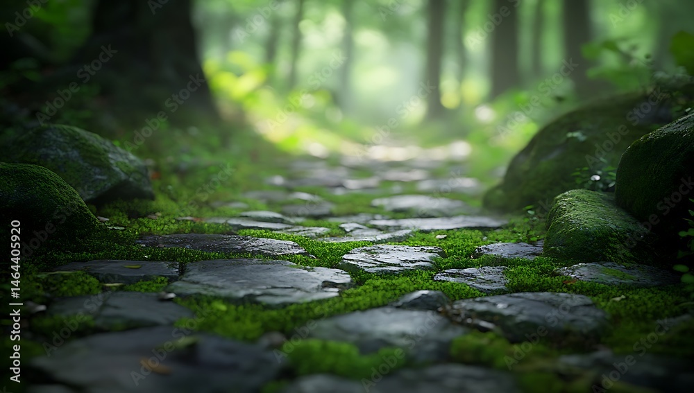 Fototapeta premium A stone path winds through the lush forest, moss-covered stones lining the way