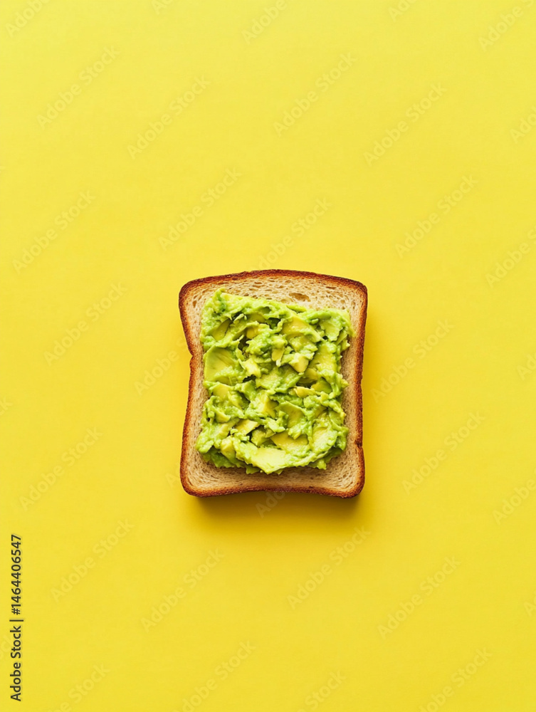 smashed avocado on toasted slice of sandwich bread, empty background, top view, yellow background
