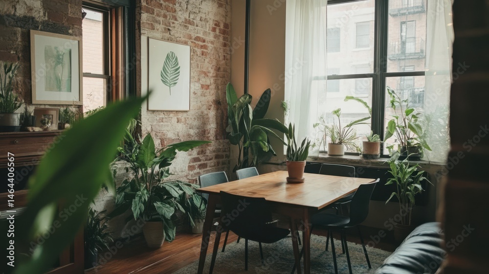 Fototapeta premium Minimalist home interior with wood table, black chairs, and plants