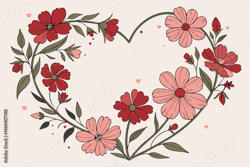 82 Floral wreath, heart-shaped arrangement, red and pink flowers, cosmos and daisies, green leaves, romantic design, Valentine's Day theme, soft pastel background, delicate petals, circular compositio