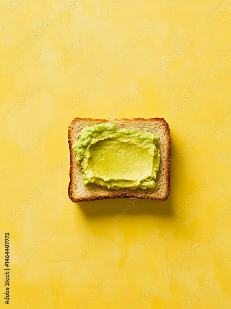 smashed avocado on toasted slice of sandwich bread, empty background, top view, yellow background