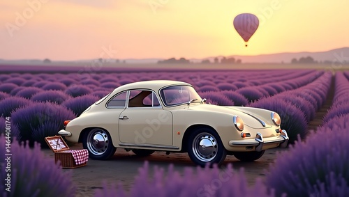 Classic Vintage Car in Lavender Field at Sunset with Hot Air Balloon
