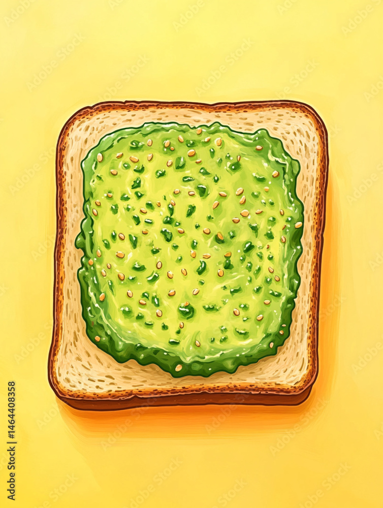 smashed avocado on toasted slice of sandwich bread, empty background, top view, yellow background