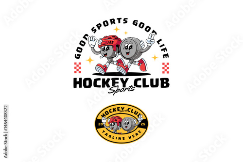 puck and helmet headgear hockey sport retro cartoon character mascot illustration with walking pose and showing wave and peace hand for field and ice hockey sport club mascots and merchandise