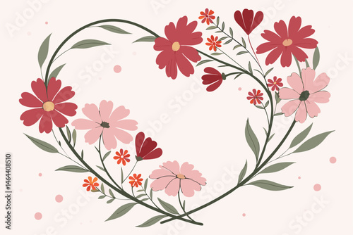 82 Floral wreath, heart-shaped arrangement, red and pink flowers, cosmos and daisies, green leaves, romantic design, Valentine's Day theme, soft pastel background, delicate petals, circular compositio