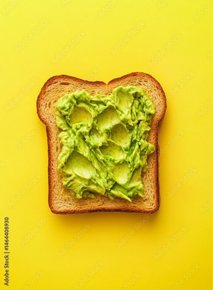 smashed avocado on toasted slice of sandwich bread, empty background, top view, yellow background