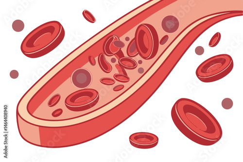 83 Medical illustration, red blood cells, microscopic view, cross-section, cellular structure, hemoglobin, circulatory system, 3D rendering, scientific visualization, anatomical detail, high magnifica