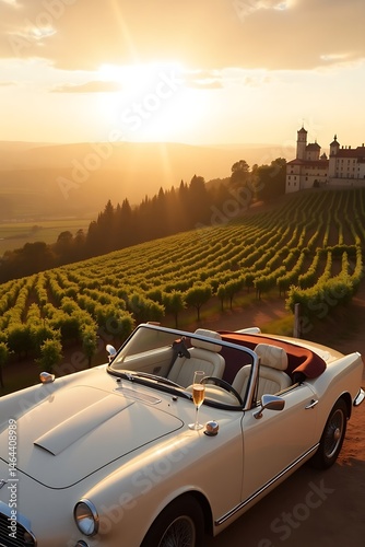 Classic Convertible Car at Sunset Over Vineyard and Castle