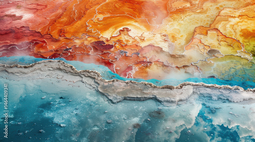 Wallpaper Mural Abstract fluid art painting with vibrant orange yellow and teal blue watercolor textures and intricate flowing patterns on textured paper background Torontodigital.ca