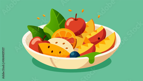 A mouthwatering fruit salad featuring slices of peach mango and plum dressed with a sprinkle of cinnamon and a drizzle of honey.. Vector illustration