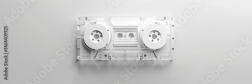 Top view of a transparent plastic cassette tape with white reels, arranged in a clean flat lay style against a pure white background, evoking a retro, minimalist aesthetic.