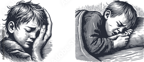 Set of Engraving Designs Featuring a Child Crying in Sleep – Emotional and Artistic Line Art Illustrations for Engraving, Wood Carving, Sublimation, and Digital Craft Projects
