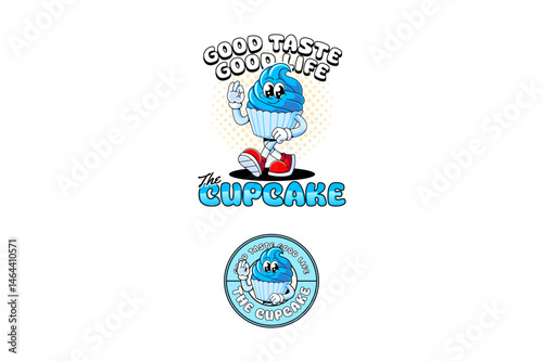 cupcake with blue frosting swirl cake bakery retro cartoon character mascot illustration with walking pose and showing ok hand for bakery, snack, dessert, pastry shop mascots and merchandise