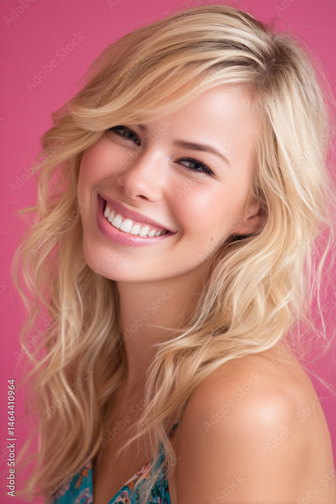 Bright smile radiates joy in a cheerful portrait against a vibrant pink background with flowing blonde hair and captivating features Bright smile radiates joy in a cheerful portrait against a vibrant pink background with flowing blonde hair and captivating features