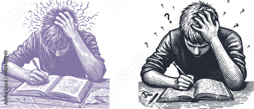 Set of Engraving Designs Featuring a Confused Student Scratching Head Over Homework – Detailed Line Art for Engraving, Woodcut, or Printable Educational-Themed Artwork
