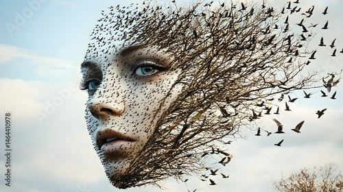 A surreal scene of a human face dissolving into a flock of birds, symbolizing transformation and freedom against a misty autumn landscape, blending nature and emotion with ethereal tones