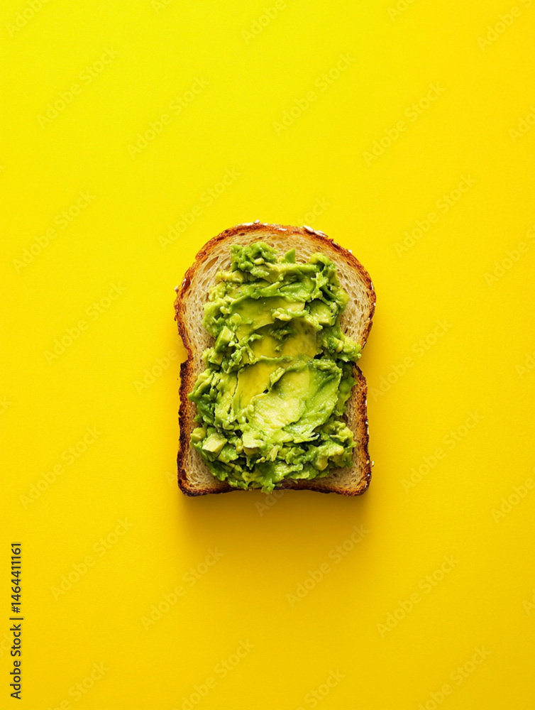smashed avocado on toasted slice of sandwich bread, empty background, top view, yellow background