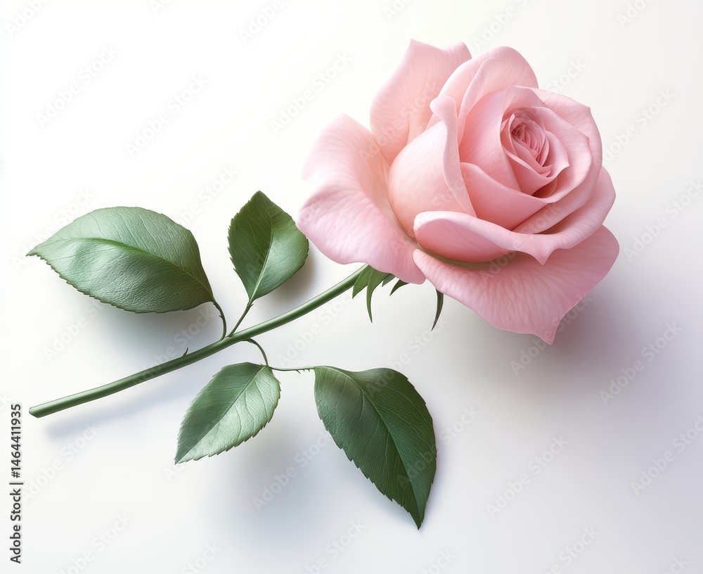 Fototapeta premium Soft pink rose with delicate petals and lush green leaves on a clean white background, perfect for floral themes and romantic occasions.