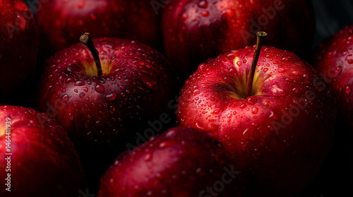 Fresh red apples glistening with water droplets, a vibrant close-up of nature's crisp sweetness