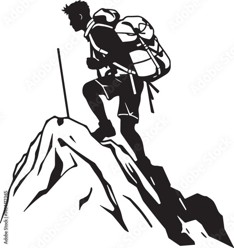 Silhouette of Hikers and Trekkers in Mountain Landscape – Vector Illustration