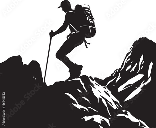 Silhouette of Hikers and Trekkers in Mountain Landscape – Vector Illustration
