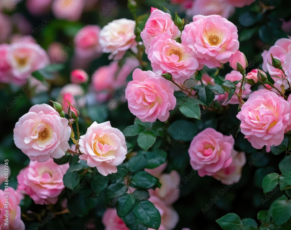 Fototapeta premium Stunning Arrangement of Soft Pink Roses Blooming in a Lush Garden with Green Leaves and Delicate Petals in Natural Light