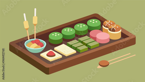 A mix of savory and sweet treats on a bamboo tray such as teriyaki chicken skewers mochi and matcha Kit Kats.. Vector illustration