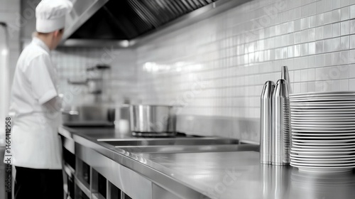 Fototapeta Naklejka Na Ścianę i Meble -  Professional chef in modern stainless steel commercial kitchen with stack of plates