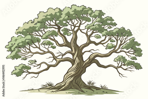 84 Majestic old oak tree, intricate bark texture, sprawling branches, lush green foliage, ancient wisdom, watercolor illustration, botanical art, detailed realism, earthy tones, white background, isol