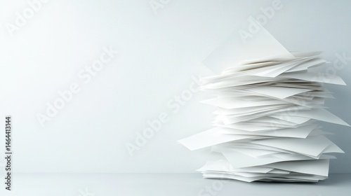 A towering stack of unorganized white papers and sheets creates a visual of chaos, representing the clutter that can accumulate in a workspace or office environment.