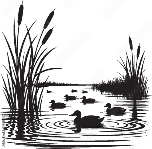 Prairie Pothole Wetland with Ducks and Cattails – Black and White Line Art with Silhouette Elements