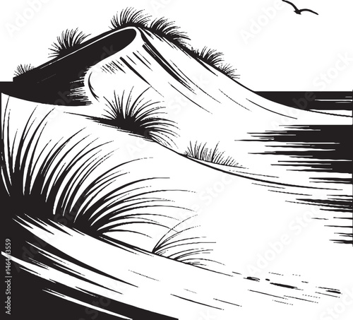 Serene Coastal Dune Landscape with Wind-Carved Patterns and Sparse Grass – Black and White Vector