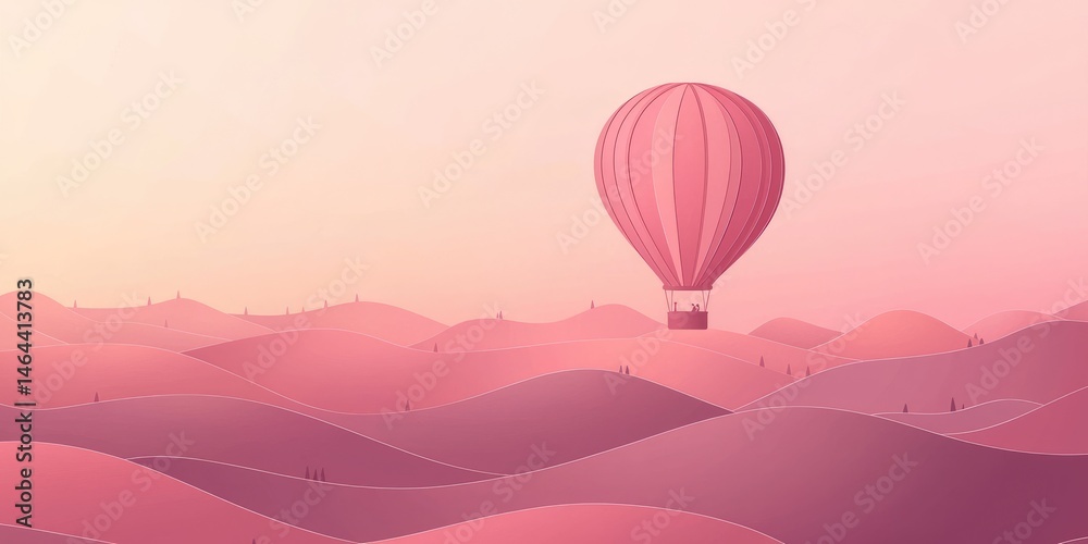 Obraz premium Serene hot air balloon floating above gentle, pastel-colored hills during sunset, with a tranquil atmosphere and soft gradient sky at dusk