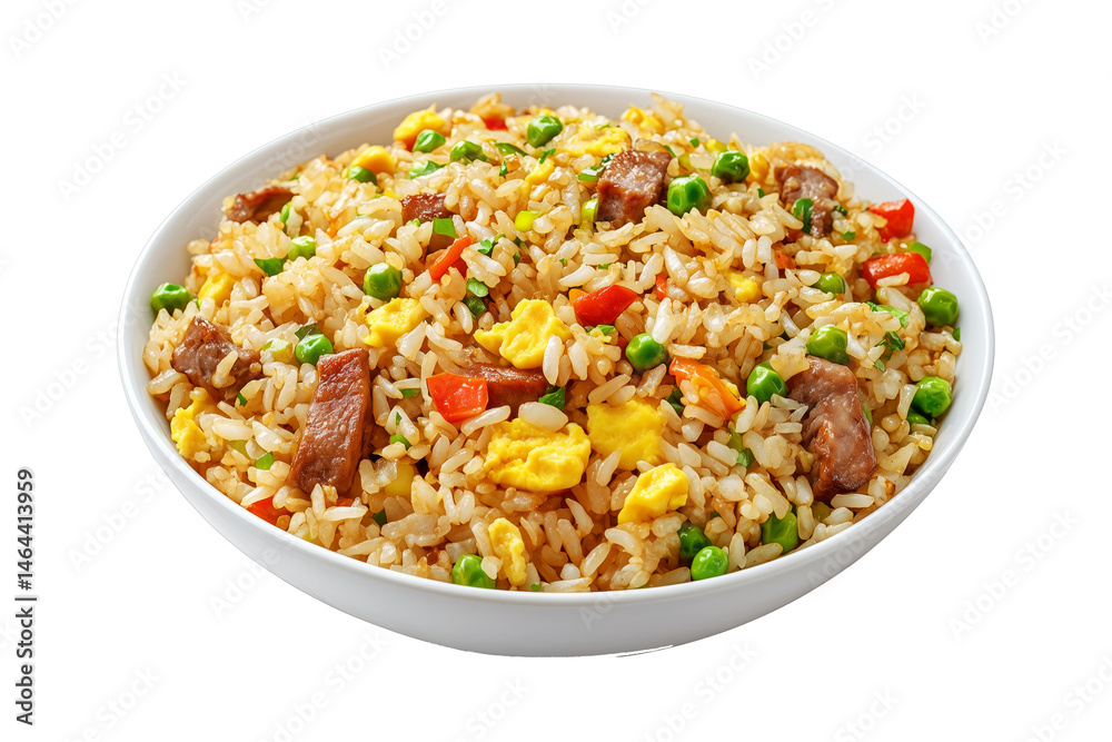 Fried rice with peas, scrambled eggs, red bell peppers, and beef pieces in ceramic bowl isolated on white transparent background, concept of Asian cuisine Fried rice with peas, scrambled eggs, red bell peppers, and beef pieces in ceramic bowl isolated on white transparent background, concept of Asian cuisine
