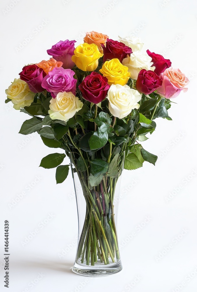 Fototapeta premium Vibrant Bouquet of Mixed Roses in a Clear Glass Vase Showcasing an Array of Colors Including Red, Yellow, Pink, White, and Purple Blooms on a White Background