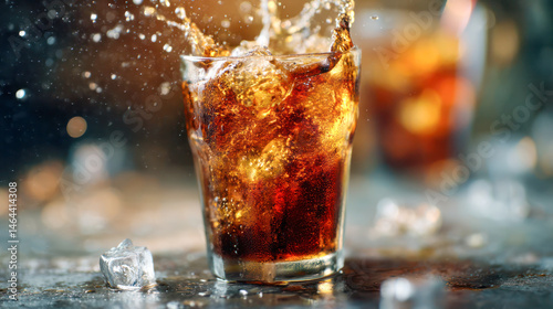 Close-up of refreshing cola splash in a glass with ice cubes on wet surface, carbonated soft drink with fizzy bubbles.
