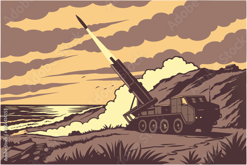 85 Missile launch, military vehicle, coastal landscape, dramatic sky, smoke trail, rocket ignition, ocean view, cloudy horizon, sunset colors, realistic rendering, dynamic composition, high-resolution