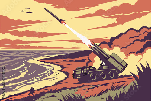 85 Missile launch, military vehicle, coastal landscape, dramatic sky, smoke trail, rocket ignition, ocean view, cloudy horizon, sunset colors, realistic rendering, dynamic composition, high-resolution