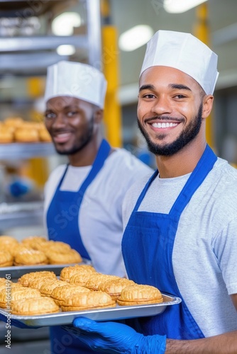 Smiling bakers with pastries in industrial kitchen wearing white chef hats and blue aprons