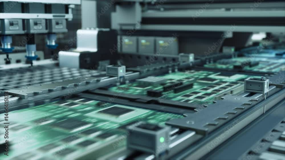 Automated Electronic Components Assembly on an Advanced Factory Conveyor, Working on Circuit Board and Chip Manufacturing. Technological Microelectronics Fabrication Industry Footage Automated Electronic Components Assembly on an Advanced Factory Conveyor, Working on Circuit Board and Chip Manufacturing. Technological Microelectronics Fabrication Industry Footage