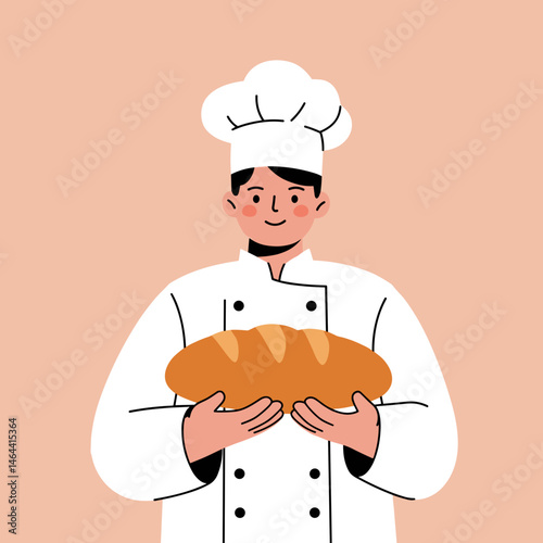 Cheerful baker holding freshly baked bread wearing a chef hat and uniform on soft background with copy space
