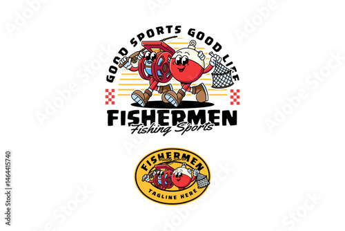 bobber float and spinning reel fishing sport retro cartoon character mascot illustration with walking pose, holding fishing rod and wire basket for fisherman, fishing sport mascots and merchandise