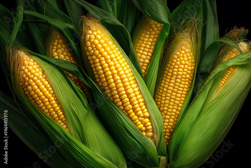 Multiple ears of corn in various stages of being husked, showing vibrant yellow kernels and fresh green leaves, no background, natural lighting, photorealistic, 8k resolution