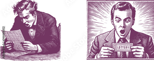 purple vibrant Engraving Designs: Stunned Man Holding Lottery Ticket – Capturing the Moment of Winning Surprise