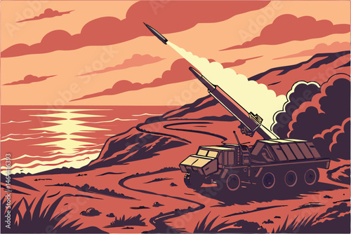 85 Missile launch, military vehicle, coastal landscape, dramatic sky, smoke trail, rocket ignition, ocean view, cloudy horizon, sunset colors, realistic rendering, dynamic composition, high-resolution