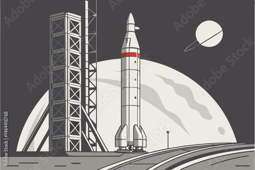86 Space rocket, futuristic spacecraft, Earth orbit, sleek white design, red stripe detail, launch pad, dark background, planet Earth visible, curved horizon, realistic render, detailed texture, drama