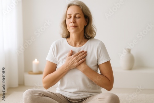 Serene middle-aged woman practicing mindfulness meditation at home