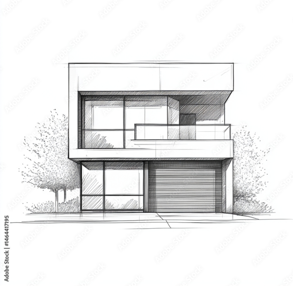 minimalist architectural facade, 2D front elevation, hand-drawn style, black and white ink illustration, clean lines, no shading, modern design, blank background, architectural sketch aesthetics